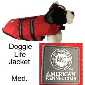 AKC Dog Life Jacket Red Med. HOOK & loop closure AND snap clips. NWOT